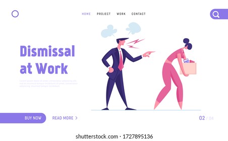 Firing, Dismissal Landing Page Template. Sad Girl with Carton Box Walking Out of Office with Angry Boss Pointing to Exit. Woman Employee Character Fired From Job. Cartoon People Vector Illustration