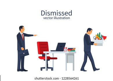 Firing employee. Sad man with a box in hands leaves work. Boss points out bismissed businessman. Employee job reduction, unemployment, crisis in job. Vector illustration flat design.