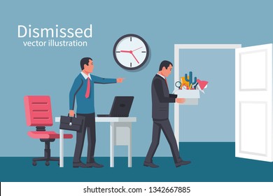 Firing employee. Sad man with a box in hands leaves work. Boss points out bismissed businessman. Employee job reduction, unemployment, crisis in job. Vector illustration flat design.