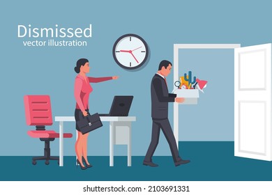 Firing employee. Sad man with a box in hands leaves work. Businesswoman boss points out dismissed businessman. Employee job reduction, unemployment, crisis in job. Vector illustration flat design.
