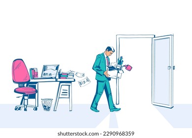 Firing employee. Sad man with a box in hands leaves work. Employee job reduction, unemployment, crisis in job. Vector illustration sketch design.