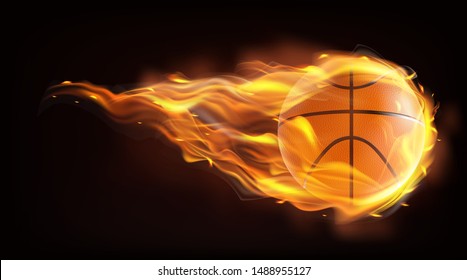 Firing, flying engulfed in flames basketball ball 3d realistic vector illustration isolated on black background. Hot competition, contest or championship concept. Sports inventory ad design element