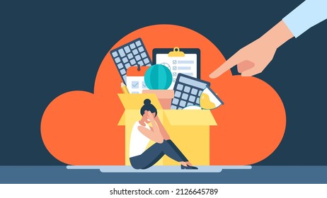 Firing From A Job. Job Cuts. Dismissal Employee. Vector Business Illustration. Fired Sad Female Office Worker Sitting On The Floor And Crying. Unemployment And Jobless Concept. Flat Style Design