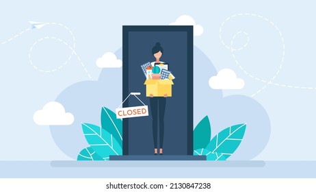 Firing from a job. Job cuts. Dismissal employee. Fired sad female office worker holding a box with work things. Unemployment and Jobless concept. The door is closed. Vector business flat illustration.