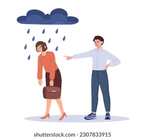 Despidos del trabajo. El hombre señala su dedo a la mujer bajo la lluvia. Empleado despedido. Crisis, desempleo y despidos. Fracaso y muchacha sin trabajo. Estrés económico. Dibujo vectorial plano de dibujos animados