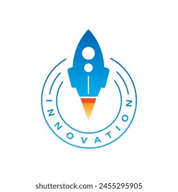 Firing rocket symbol, innovation word around circle. stamp innovation word