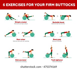 Firm buttocks. Fitness, Aerobic and workout exercise in gym. Vector set of workout icons in flat style isolated on white background. Fitness equipment, dumbbell, weights, treadmill, ball.