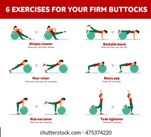 Firm buttocks. Fitness, Aerobic and workout exercise in gym. Vector set of workout icons in flat style isolated on white background. Fitness equipment, dumbbell, weights, treadmill, ball.