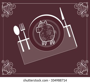 A firm dish, which you can draw with chalk on a blackboard. funny illustration for a restaurant or cafe. Fashion style. Pork