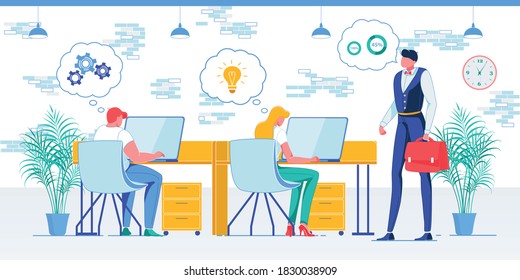 Firm Staff Productivity Flat Vektor Illustration. Hardware-Setup-Assistenten, Facebook-Zeichen für ArbeiterInnen. Leistung, Geschäftsentwicklung, innovatives Konzept für die Ideengenerierung