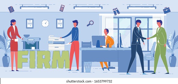 Firm Workers Daily Routine Word Concept Banner. Top Manager Sitting at Desk Cartoon Character. Business Partners Meeting. Office Employee Making Photocopies, Secretary Preparing Coffee