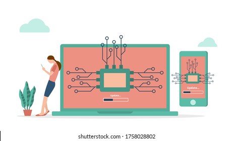 Firmware system update computer and smartphone concept in flat vector design. woman use smartphone stand near large laptop