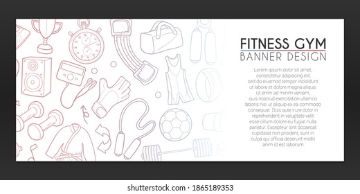 Firness Banner Doodles. GYM; Background Hand drawn. Workout Sport illustration. Sea Vector Horizontal Design.