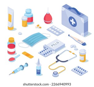 Firs aid kit items set. Collection of drugs and pills. Syringe, stethoscope and thermometer. Medicine mask, cream and syrup, enema. Cartoon isometric vector illustrations isolated on white background