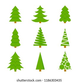Firs of different shapes. Set of icons of Christmas trees in a flat style. Vector isolated