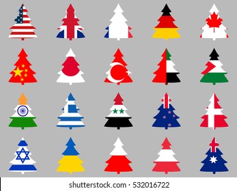Firs with flags of different countries around the world. Collection of Christmas trees. Vector illustration.