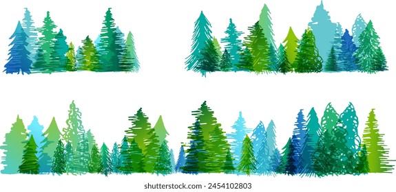 Firs forest. Layered vector illustration. Horizontal borders collection