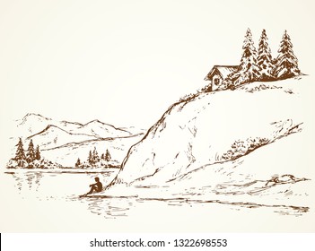 Firs on hill above river. Vector drawing