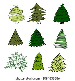 Firs. A set of handmade drawings. Elements for the design of postcards, backgrounds, packaging. Printing for clothing. Doodle drawing