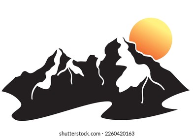 Firs snow icon. Winter landscape in steep rocky mountain peak and sun. Vector illustration of rocky mountain peak for logo, icon, symbol of adventure, rock climbing, repling. Winter travel symbol.