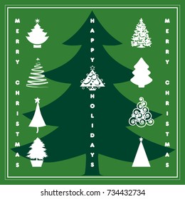 Firs of various shapes and a text in English.
A card with a simple green and white graphics to celebrate Christmas.