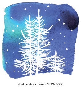 Firs in winter. Young trees in snow against the sky . Vector freehand drawing , watercolor paint stains . Card , print.