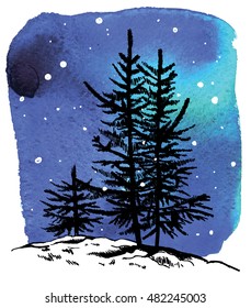 Firs in winter. Young trees in snow against the sky . Vector freehand drawing , watercolor paint stains . Card , print.