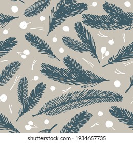 Firspruce brunch and berry seamless vector pattern. Decorative illustration, good for printing. 