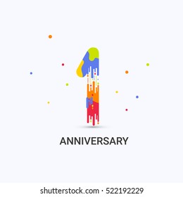 First, 1 Years Anniversary, Splash Colored Logo Celebration Isolated on White Background