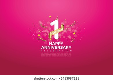 First 1st Anniversary celebration, 1 Anniversary celebration, Pink background, Realistic 3d sign, stars, White number with Golden ribbon 1 sparkling confetti, festive illustration, 1,2