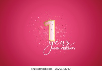 First 1st Anniversary celebration, 1 Anniversary celebration, Realistic 3d sign, stars, pink background, festive illustration, golden, Pink number 1 sparkling confetti, 1,2