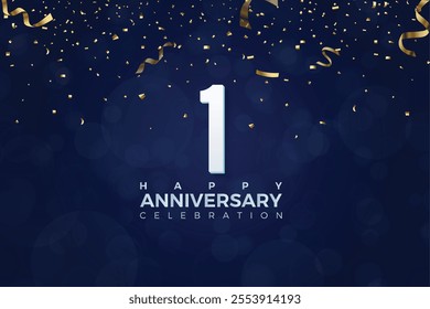 First 1st Anniversary celebration, 1 Anniversary celebration, Dark Blue background, festive illustration, White Number, 1 sparkling confetti, 1,2