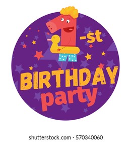 First or 1-st birthday party greeting card or postcard. Cartoon animal number in flat style design. Bright funny cartoon number character for kids or children b-day event. 