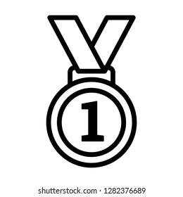 First /1st place gold medal with number 1 and ribbon line art vector icon for sports apps and websites