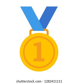 First /1st place gold medal with number 1 and blue ribbon flat vector icon for sports apps and websites