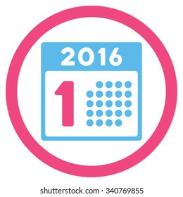 First 2016 Date vector icon. Style is bicolor flat circled symbol, pink and blue colors, rounded angles, white background.