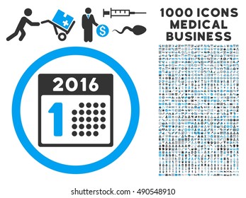 First 2016 Day icon with 1000 medical commerce gray and blue vector pictographs. Clipart style is flat bicolor symbols, white background.