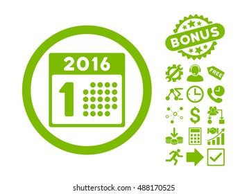 First 2016 Day icon with bonus pictures. Vector illustration style is flat iconic symbols, eco green color, white background.