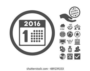 First 2016 Day icon with bonus elements. Vector illustration style is flat iconic symbols, gray color, white background.