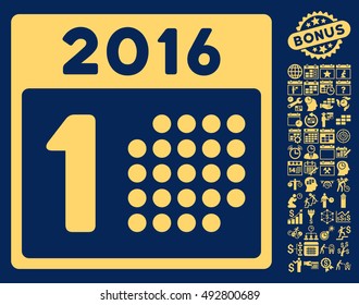 First 2016 Day icon with bonus calendar and time management pictures. Vector illustration style is flat iconic symbols, yellow color, blue background.
