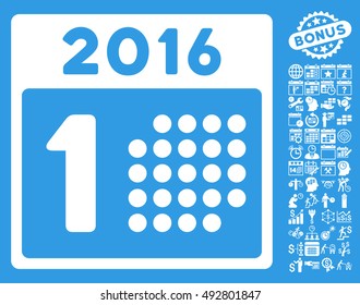 First 2016 Day icon with bonus calendar and time management graphic icons. Vector illustration style is flat iconic symbols, white color, blue background.