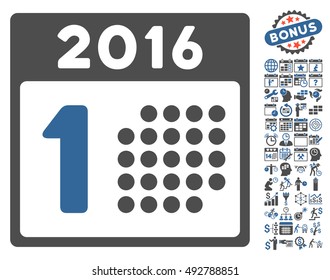 First 2016 Day pictograph with bonus calendar and time management icon set. Vector illustration style is flat iconic bicolor symbols, cobalt and gray colors, white background.