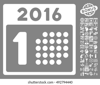 First 2016 Day pictograph with bonus calendar and time management pictograph collection. Vector illustration style is flat iconic symbols, white color, gray background.