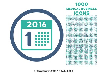 First 2016 Day rounded vector bicolor icon with 1000 medical business icons. Set style is flat pictograms, cobalt and cyan colors, white background.