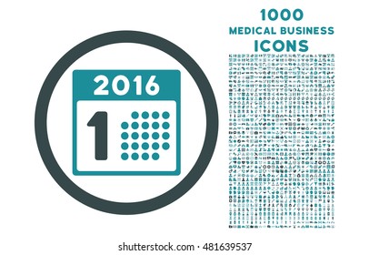 First 2016 Day rounded vector bicolor icon with 1000 medical business icons. Set style is flat pictograms, soft blue colors, white background.