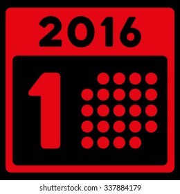 First 2016 Day vector icon. Style is flat symbol, red color, rounded angles, black background.