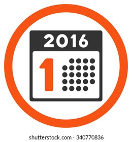 First 2016 Day vector icon. Style is bicolor flat circled symbol, orange and gray colors, rounded angles, white background.