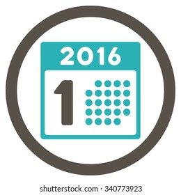 First 2016 Day vector icon. Style is bicolor flat circled symbol, grey and cyan colors, rounded angles, white background.