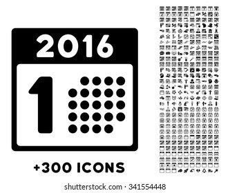 First 2016 Day vector pictogram with additional 300 date and time management icons. Style is flat symbols, black color, rounded angles, white background.