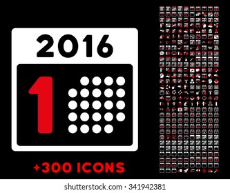 First 2016 Day vector pictogram with additional 300 date and time management icons. Style is bicolor flat symbols, red and white colors, rounded angles, black background.